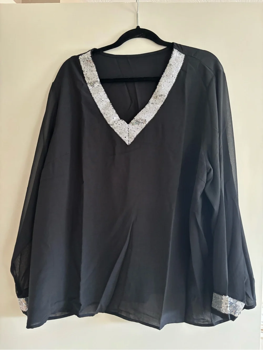 Shein Curve Black V-Neck Sequin Trim Blouse - Women Tops - Picture 1 of 2